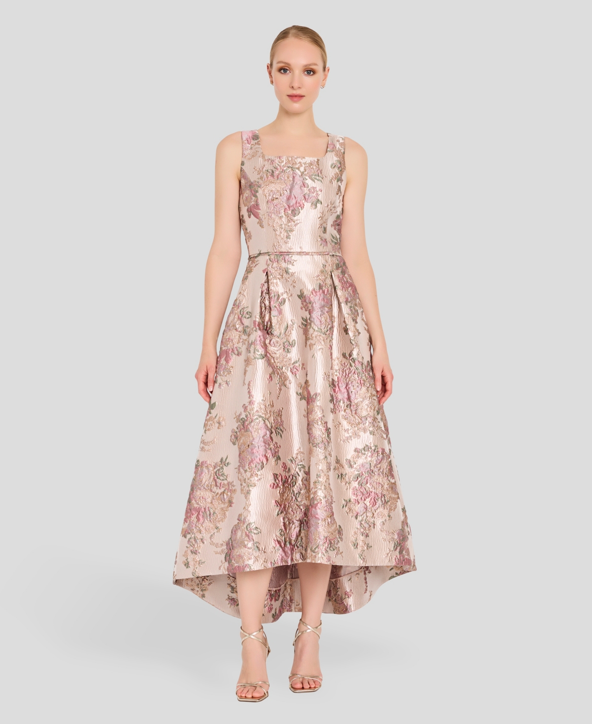 Tahari Asl Women’s Metallic Jacquard High-Low Square Neck Dress – Petal