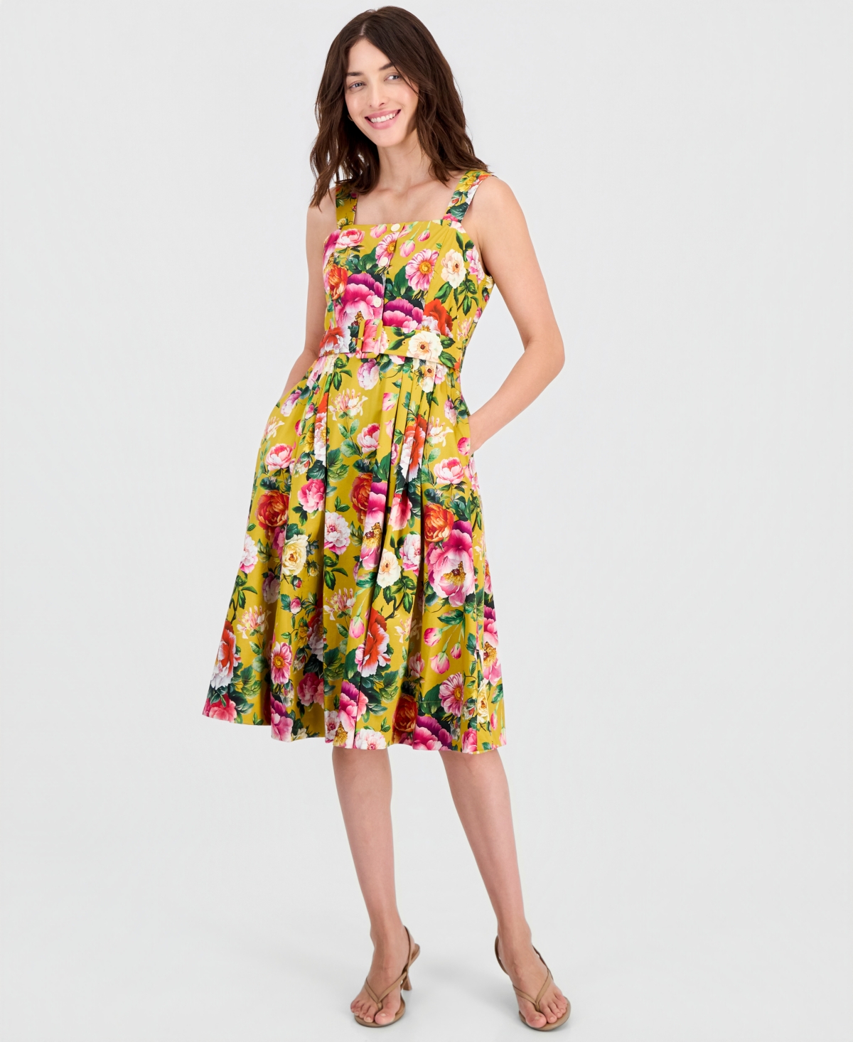 Tahari Asl Women’s Printed Square-Neck Fit & Flare Dress – MUSTARD FLORAL