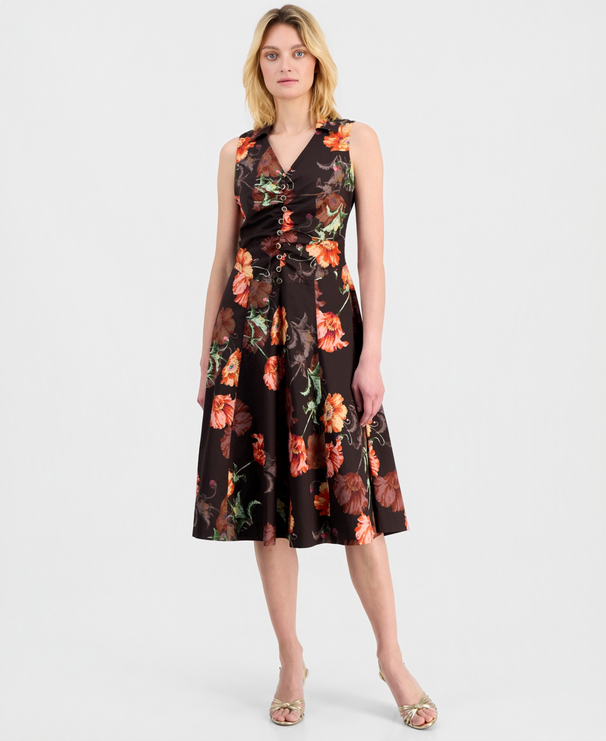 Tahari Asl Women’s Ruched-Front Sleeveless Dress – ESPRESSO FLORAL