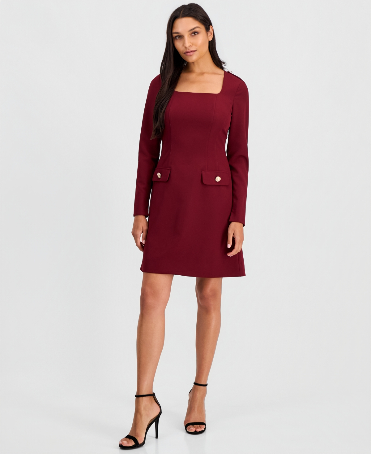 Tahari Asl Women’s Square-Neck Long-Sleeve A-Line Dress – CRANBERRY