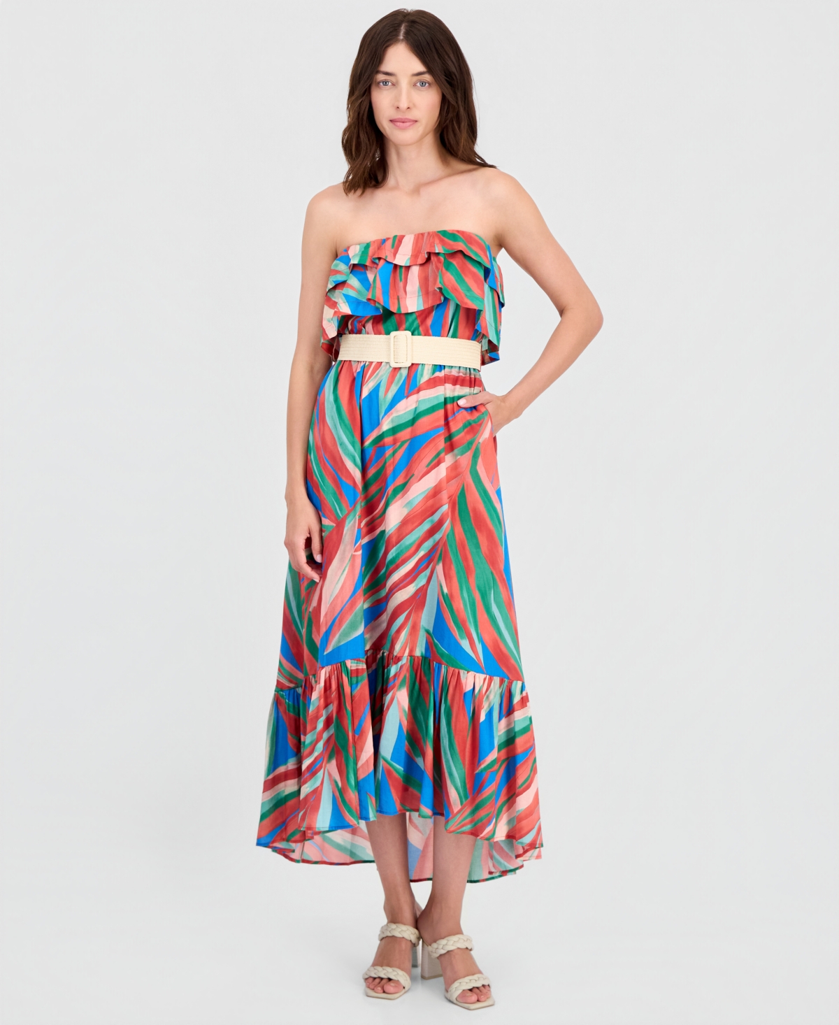 Tahari Asl Women’s Strapless Tropical Ruffled Maxi Dress – RED PALM