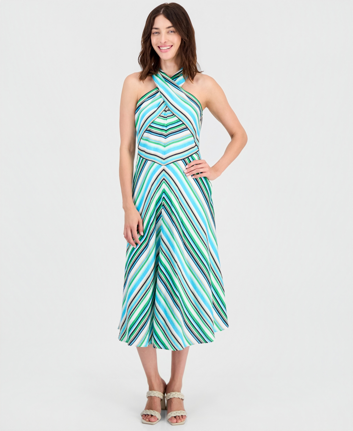 Tahari Asl Women’s Striped Crisscross Halter Midi Dress – PARAKEET MULTI