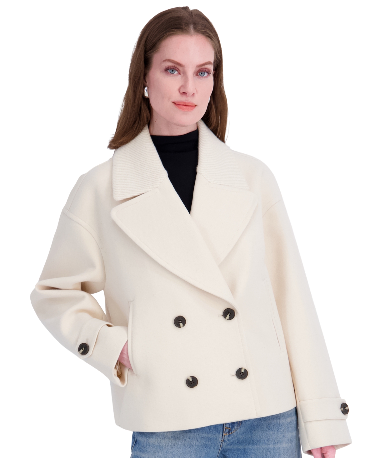 Tahari Women’s Double-Breasted Notch-Collar Cropped Coat – Off White