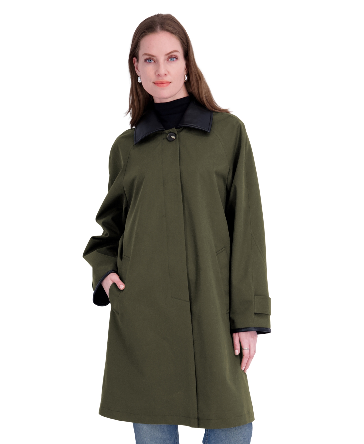 Tahari Women’s Water-Resistant Faux-Leather Collared Balmacaan Coat – Olive