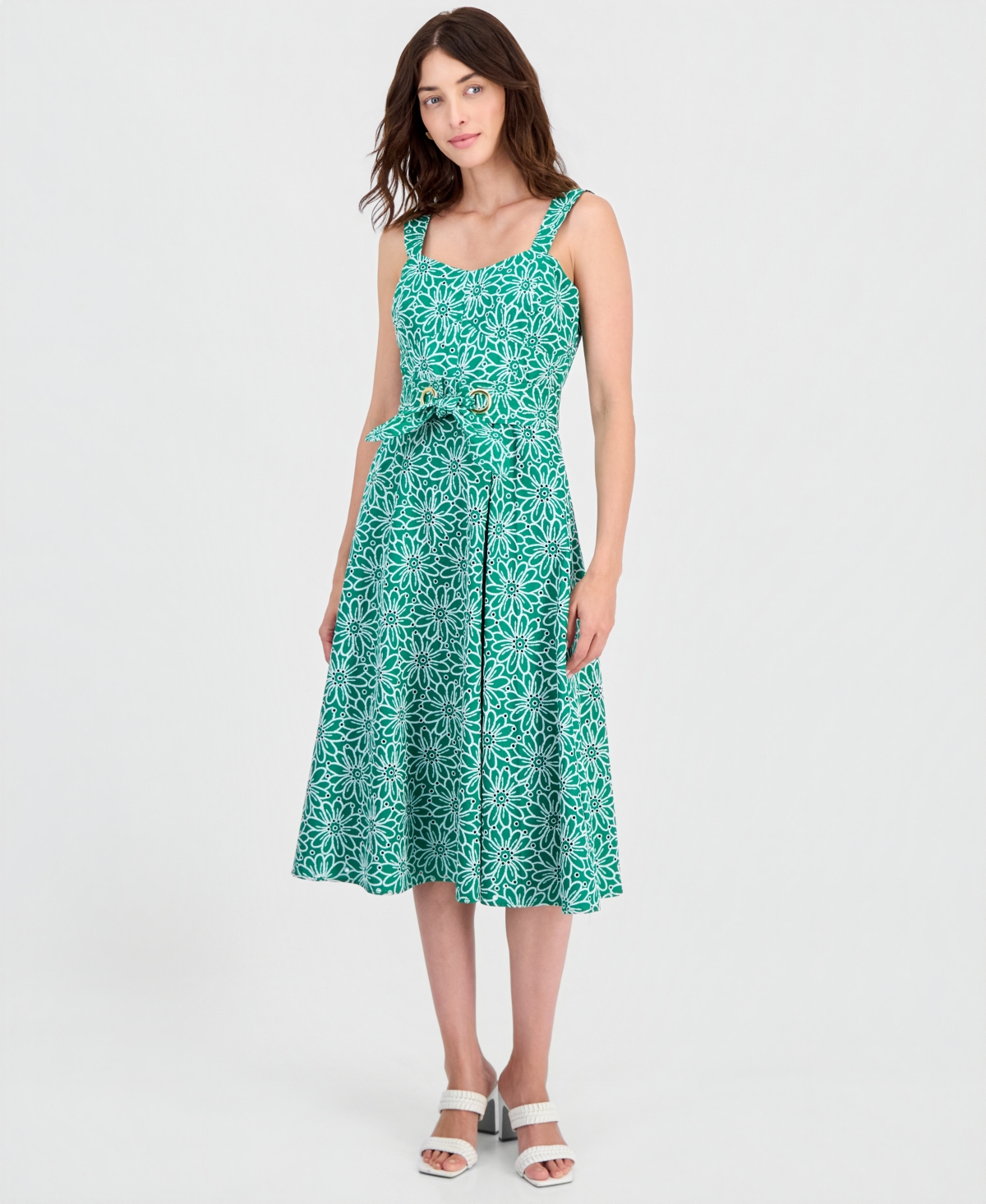 Tahhari Asl Women’s Cotton Eyelet Belted Midi Dress – PARAKEET GREEN