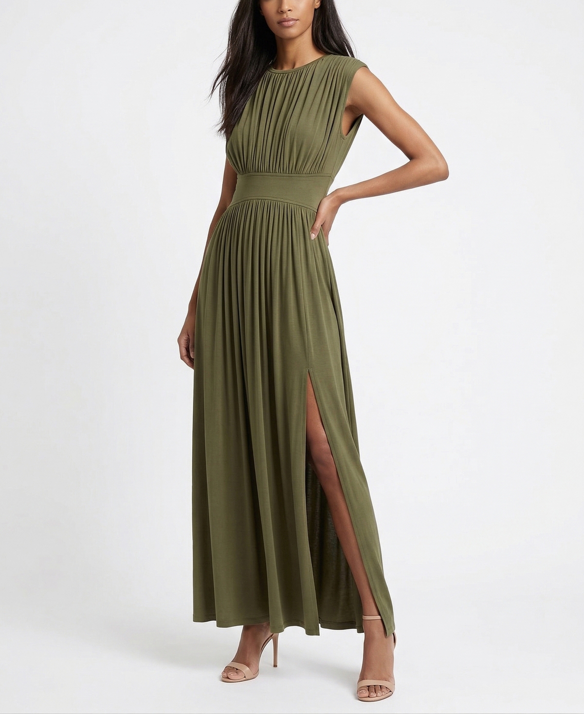 Taylor Women’s Cinched Waist Ruched Crewneck Dress – Olive