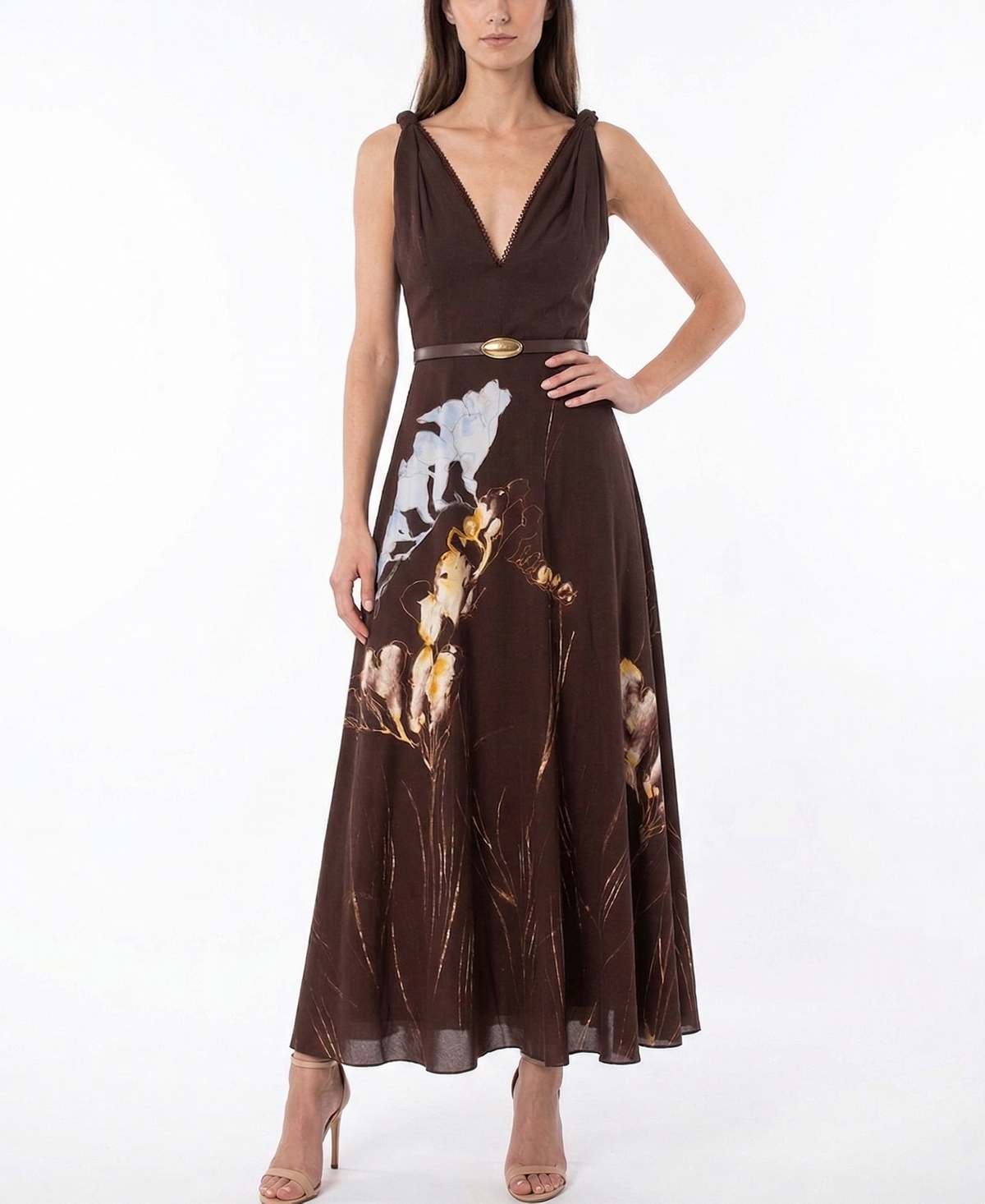 Taylor Women’s Floral Belted V-Neck Sleeveless Dress – Pecan Gold Taylor Women’s Floral Belted V-Neck Sleeveless Dress – Pecan Gold