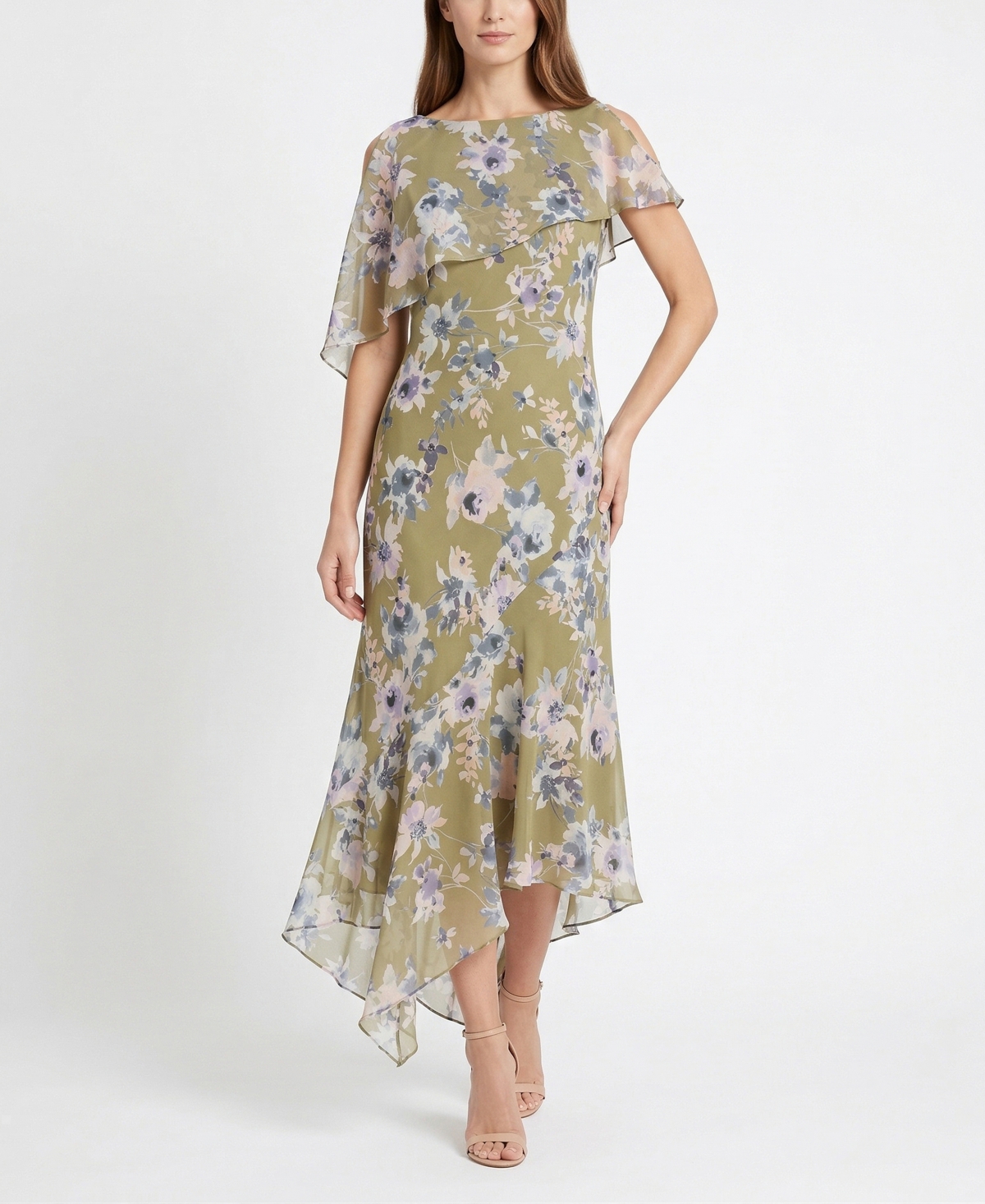 Taylor Women’s Floral Print Capelet Fit & Flare Crewneck Polyester Dress – Pomelo Olive Lilac