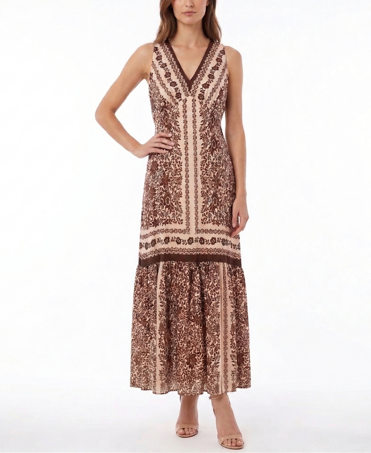 Taylor Women’s Floral Print V-Neck Ruffle Hem Dress – Taupe Chocolate Brown Taylor Women’s Floral Print V-Neck Ruffle Hem Dress – Taupe Chocolate Brown
