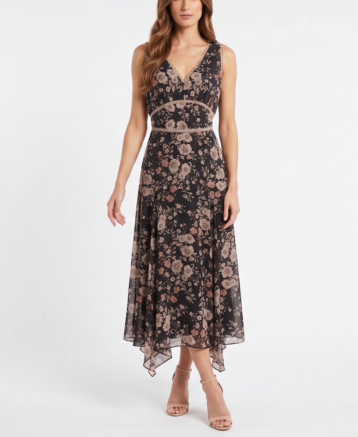 Taylor Women’s Lyocell-Blend Handkerchief Hem Floral Dress – Jet Black Taupe