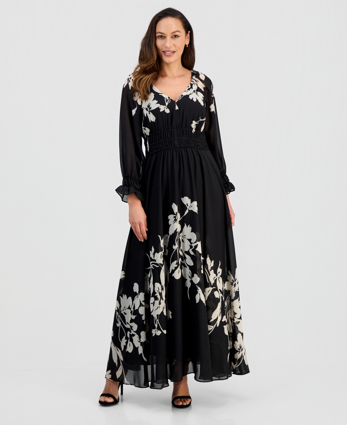 Taylor Women’s Pleated Long-Sleeve Chiffon Midi Dress – Lava Black/Ecru