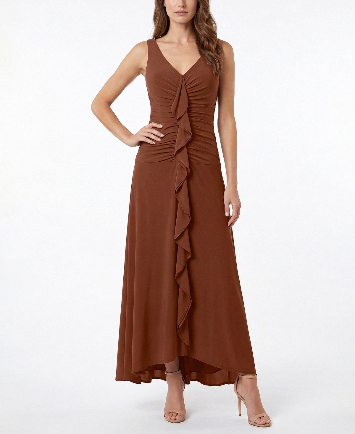 Taylor Women’s V-Neck Sleeveless Ruffle Front Dress – Amber