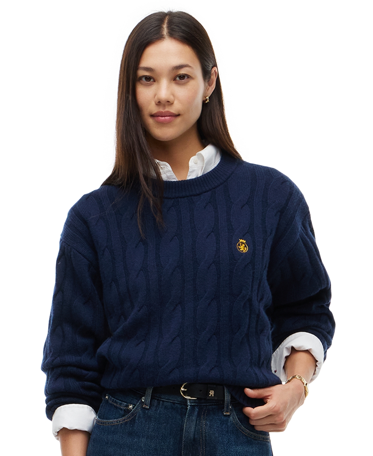 Tommy Hilfiger Women’s American Icons Cable-Knit Crewneck Sweater – Navy