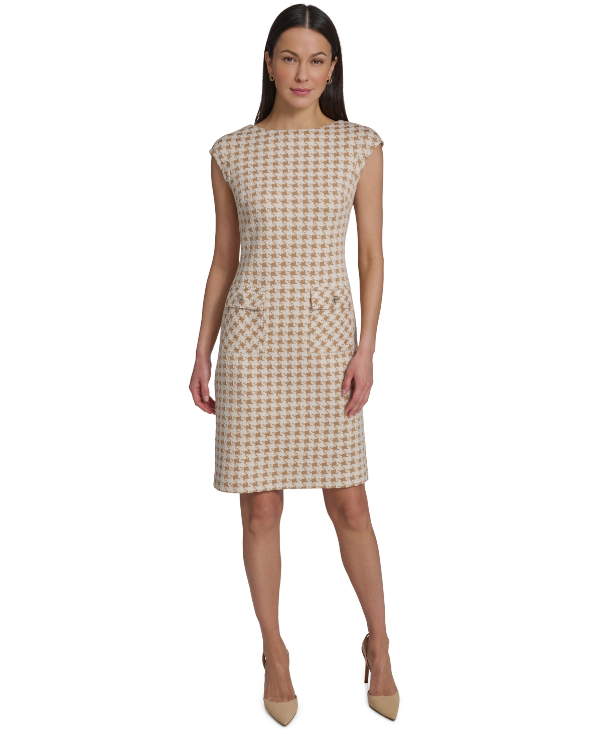 Tommy Hilfiger Women’s Cap Sleeve Pixelated Houndstooth Pocket Sheath Dress – Tannin/white cap
