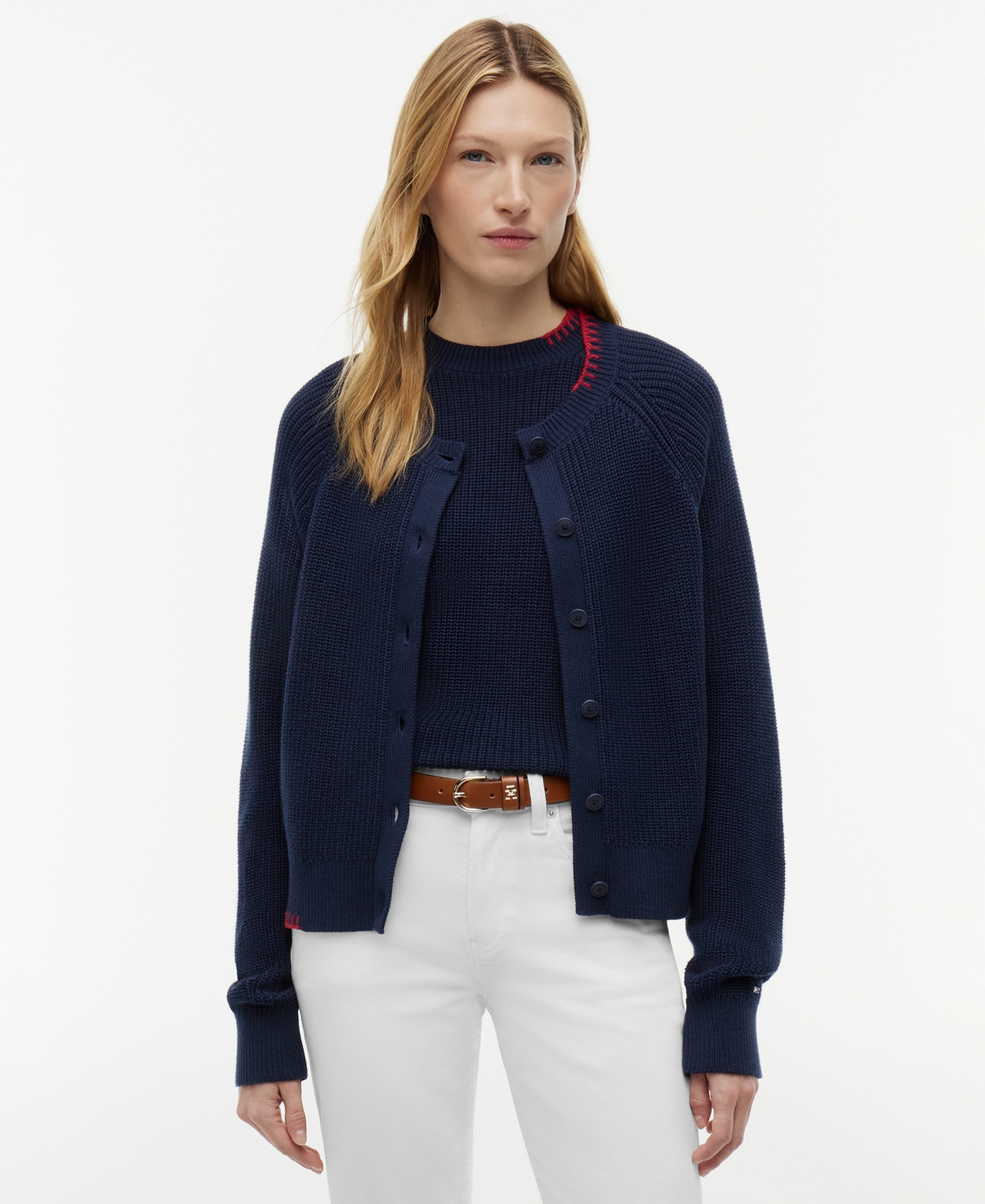 Tommy Hilfiger Women’s Crochet Detail Crewneck Cardigan – Dark Night Navy