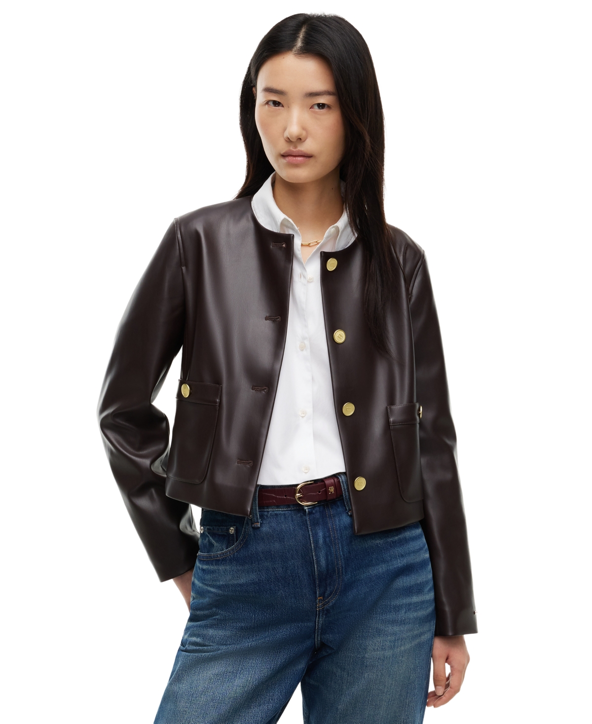 Tommy Hilfiger Women’s Faux Leather Long-Sleeve Jacket – Chocolate Tommy Hilfiger Women’s Faux Leather Long-Sleeve Jacket – Chocolate