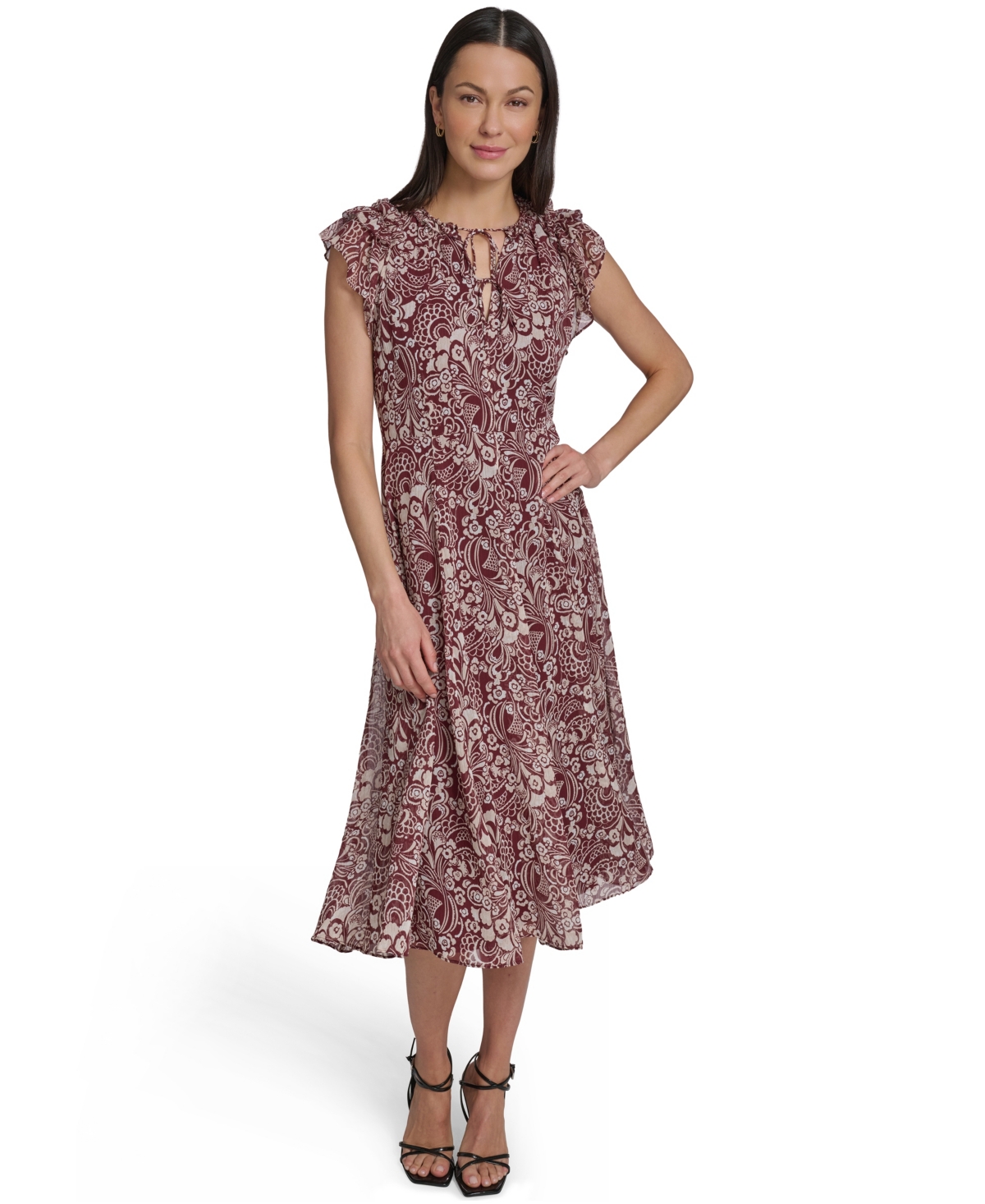 Tommy Hilfiger Women’s Flutter-Sleeve Tie Neck Chiffon Midi Dress – Maroon Multi Tommy Hilfiger Women’s Flutter-Sleeve Tie Neck Chiffon Midi Dress – Maroon Multi