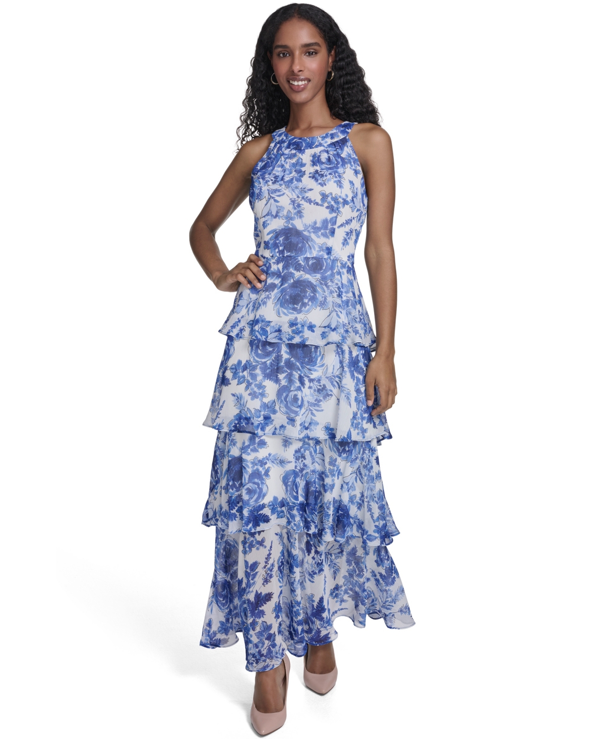 Tommy Hilfiger Women’s Halter Neck Tiered Maxi Dress – Provence Blue Multi