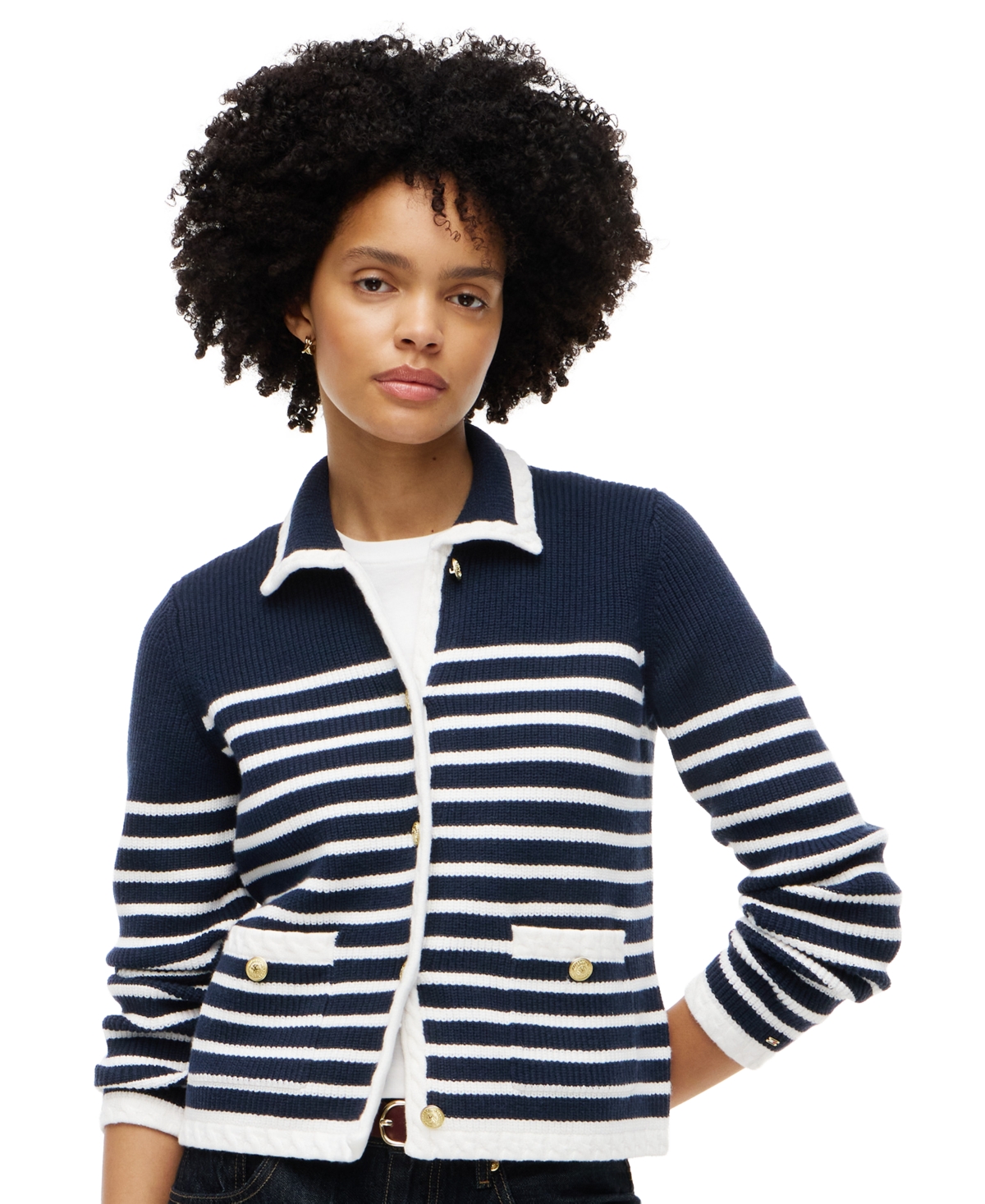 Tommy Hilfiger Women’s Long-Sleeve Striped Knit Jacket – Placed Stp Dark Blue/ecru