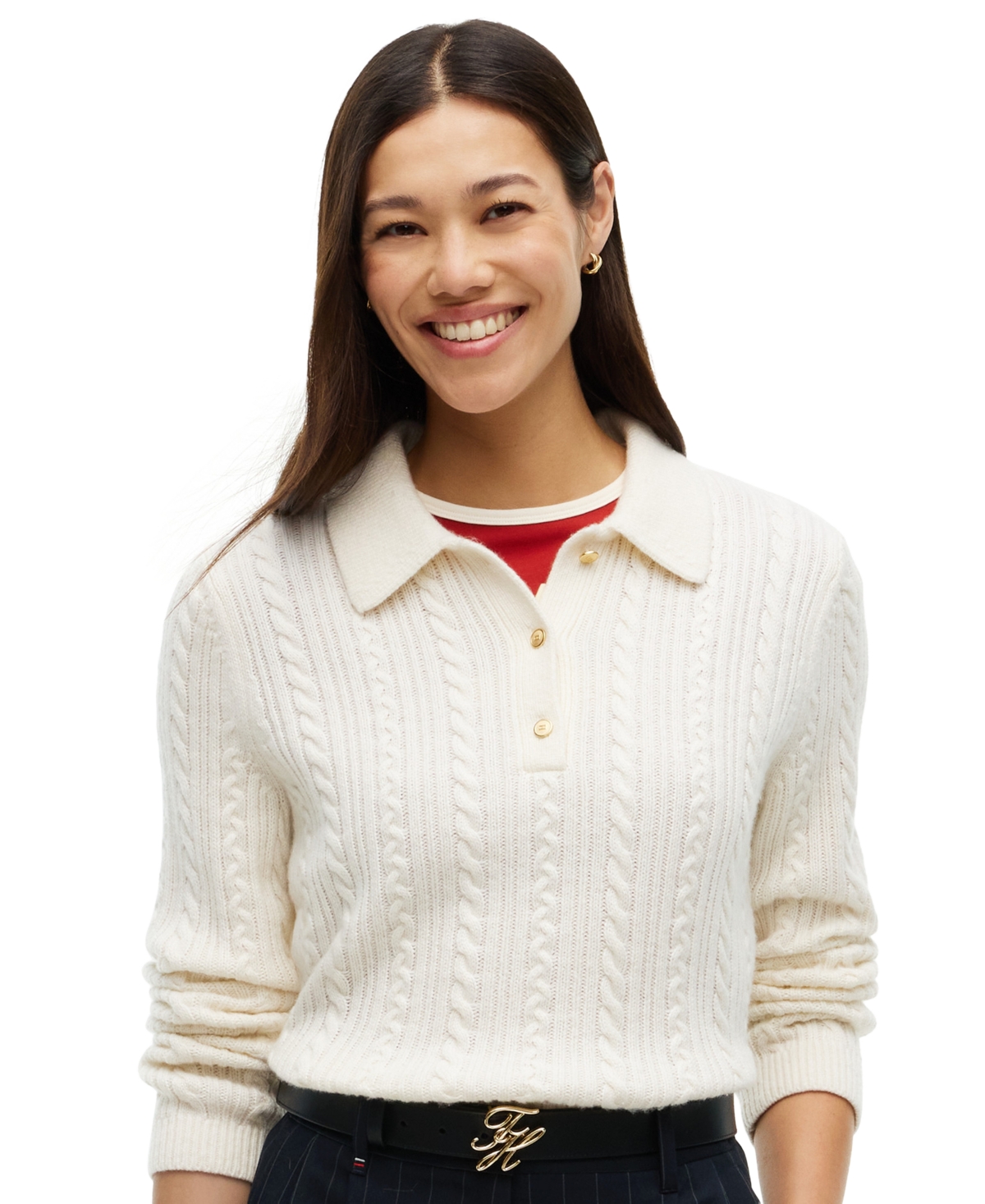 Tommy Hilfiger Women’s Polo Cable-Knit Sweater – Ivory Petal Tommy Hilfiger Women’s Polo Cable-Knit Sweater – Ivory Petal