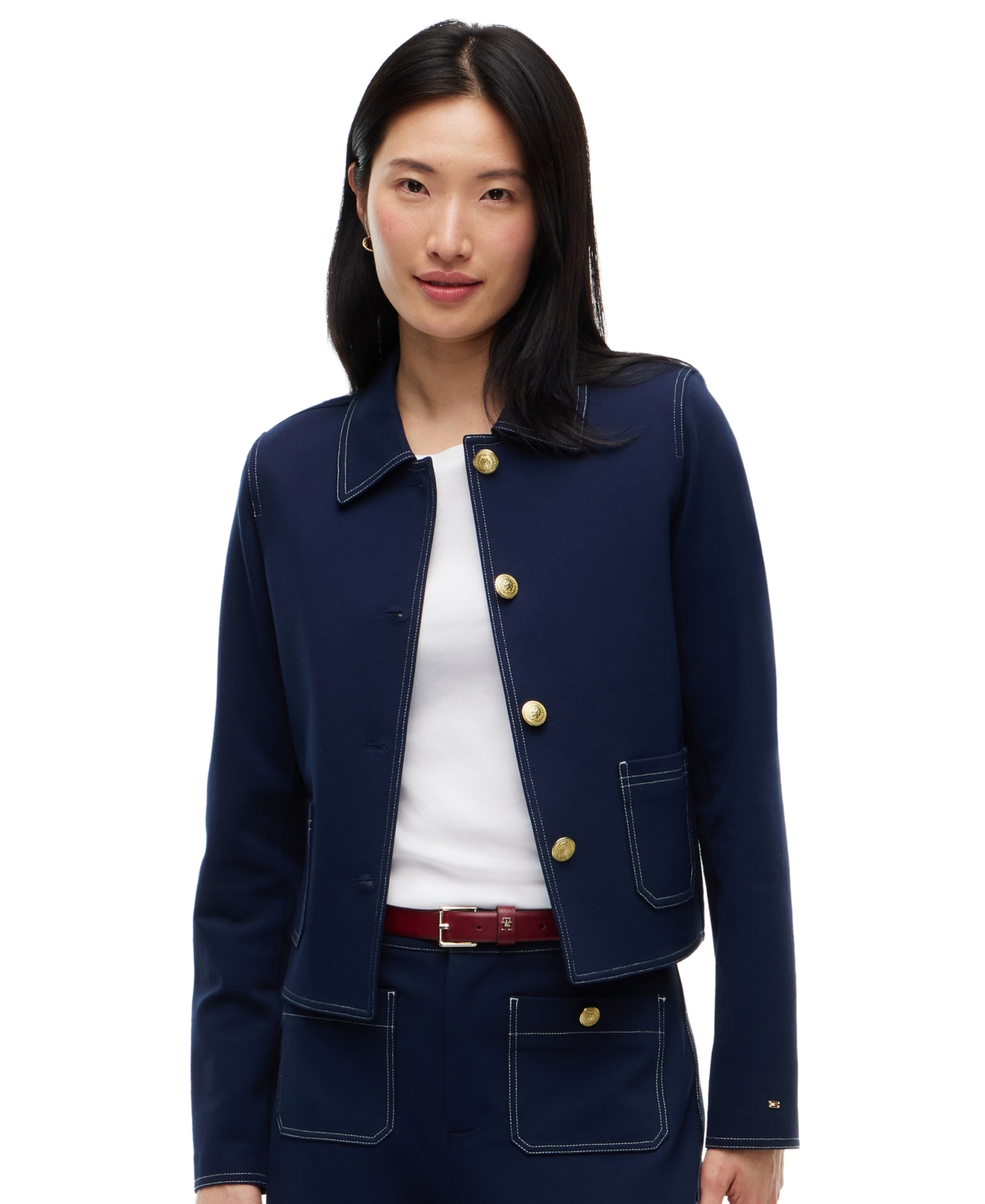 Tommy Hilfiger Women’s Ponte-Knit Top Stitch Detail Jacket – Dark Blue Tommy Hilfiger Women’s Ponte-Knit Top Stitch Detail Jacket – Dark Blue