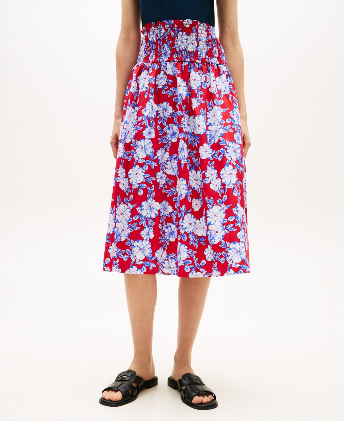 Tommy Hilfiger Women’s Smocked Pull-On Midi Skirt – Dense Hibiscus Triple White Primary Red