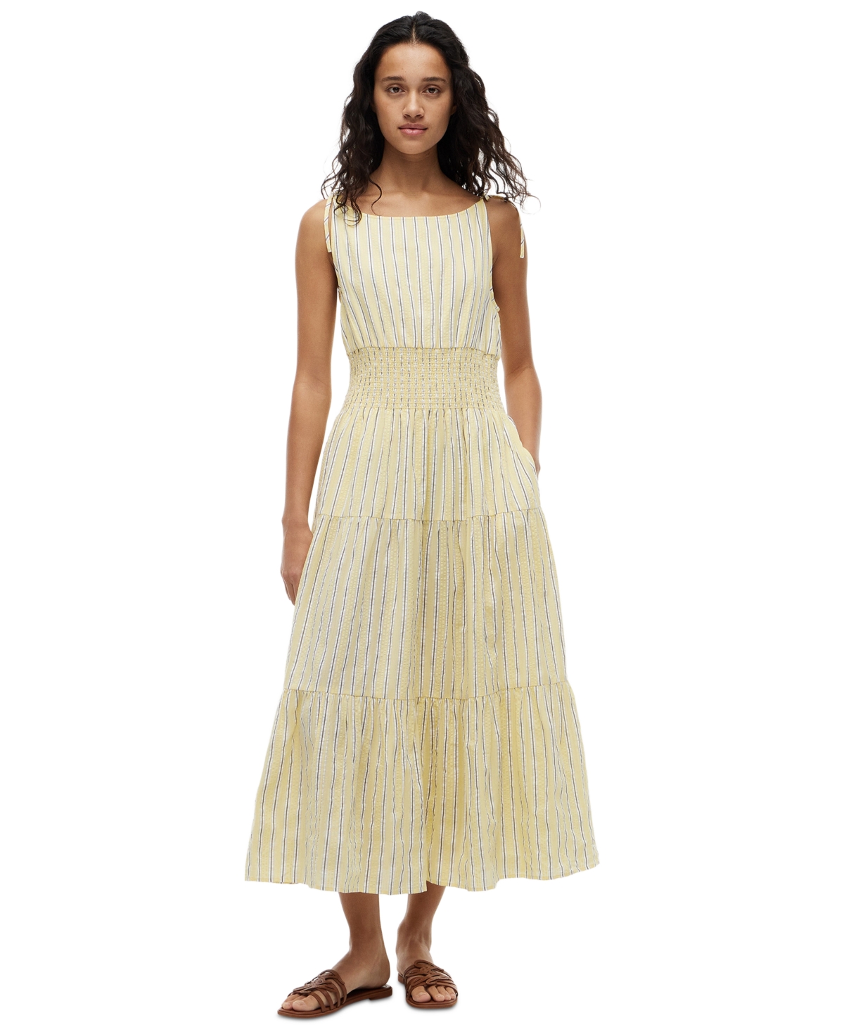 Tommy Hilfiger Women’s Smocked Tie-Detail Sleeveless Midi Dress – Licorice Stripe Citronella Tommy Hilfiger Women’s Smocked Tie-Detail Sleeveless Midi Dress – Licorice Stripe Citronella