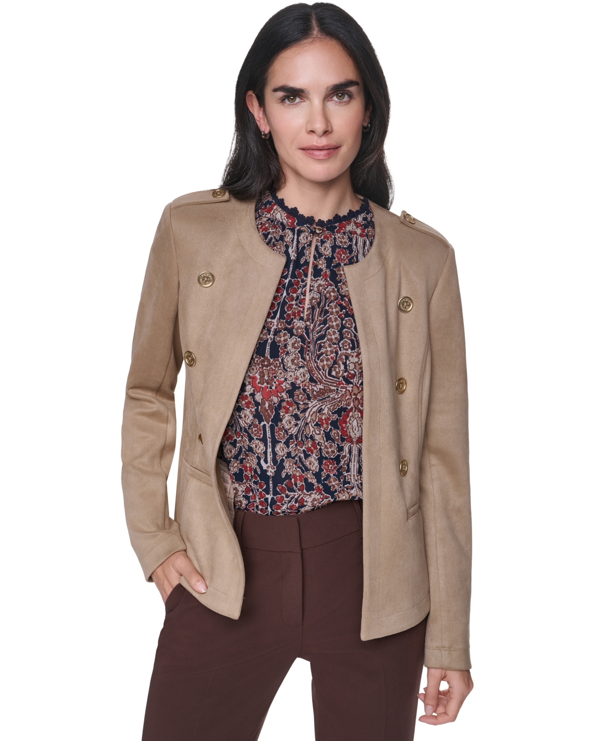 Tommy Hilfiger Women’s Suede Collarless Band Jacket – Tannin Tommy Hilfiger Women’s Suede Collarless Band Jacket – Tannin