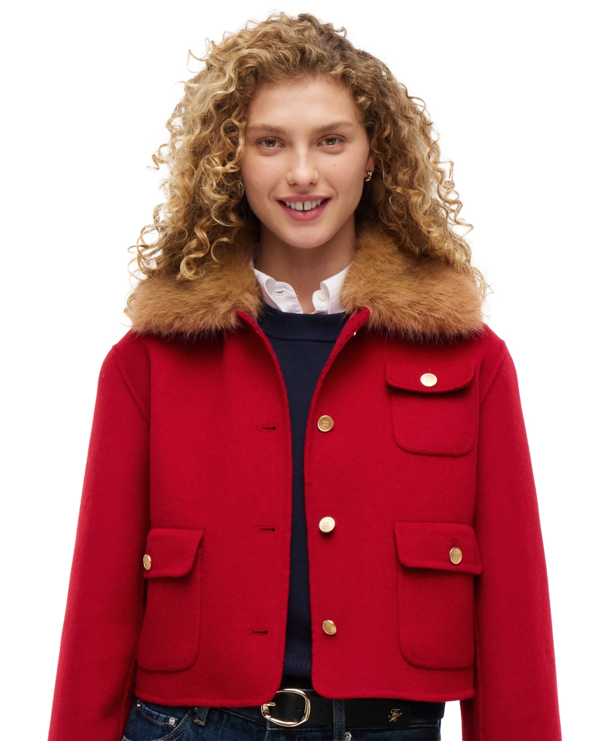 Tommy Hilfiger Women’s Wool-Blend Cropped Jacket with Faux Fur – Red Tommy Hilfiger Women’s Wool-Blend Cropped Jacket with Faux Fur – Red