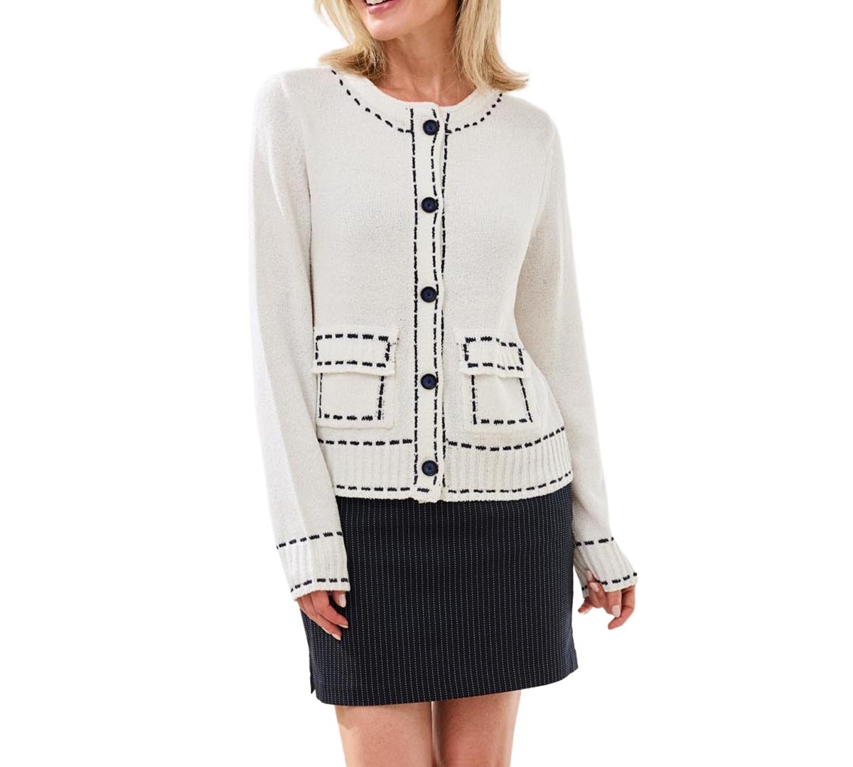 Tribal Women’s Contrast Stitch Cardigan – White Tribal Women’s Contrast Stitch Cardigan – White