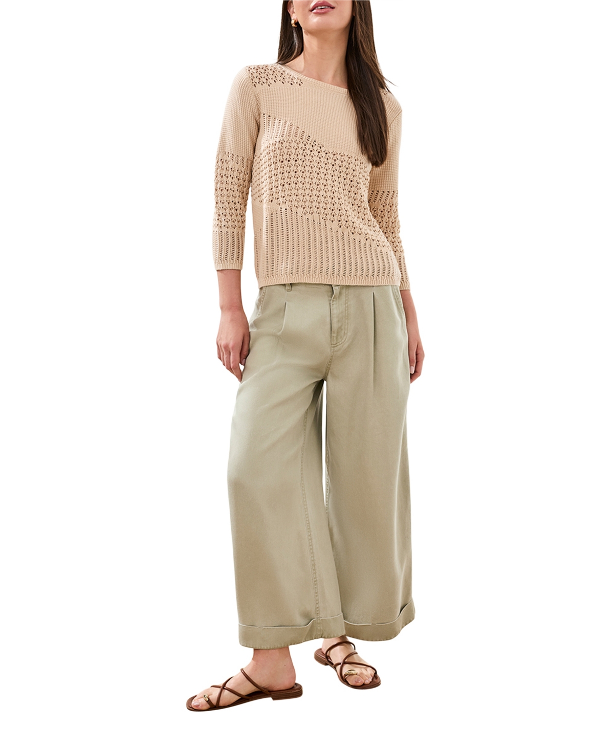 Tribal Women’s Eyelet Texture Three-Quarter-Sleeve Sweater – Coco Cream Tribal Women’s Eyelet Texture Three-Quarter-Sleeve Sweater – Coco Cream