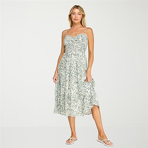 Trixxi Womens Juniors Midi Sweetheart Neck Sleeveless Leaf A-Line Dress, Small, Green