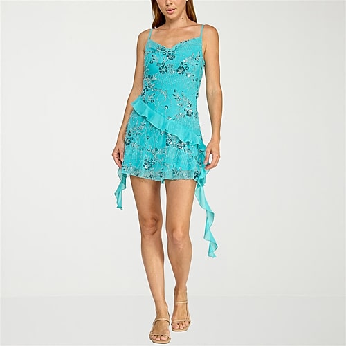 Trixxi Womens Juniors V Neck Sleeveless Floral A-Line Dress, Small, Blue Trixxi Womens Juniors V Neck Sleeveless Floral A-Line Dress, Small, Blue