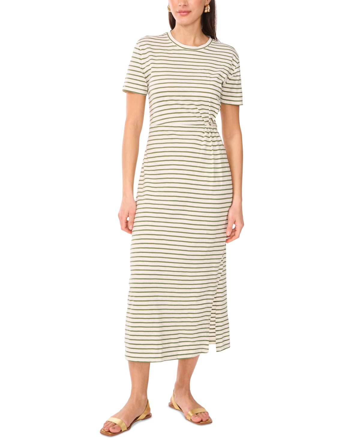 Vince Camuto Women’s Cotton Striped Ruched Midi Dress – Dark Green Vince Camuto Women’s Cotton Striped Ruched Midi Dress – Dark Green