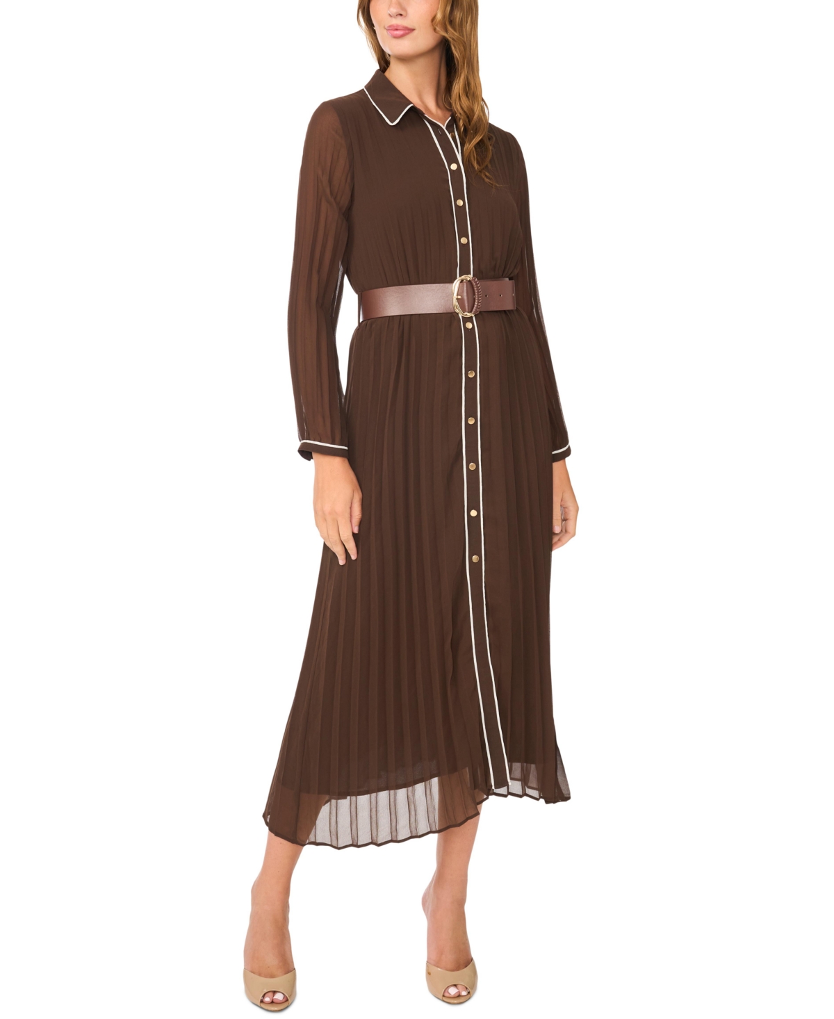 Vince Camuto Women’s Pleated Button-Front Collared Midi Dress – Rich Chocolate