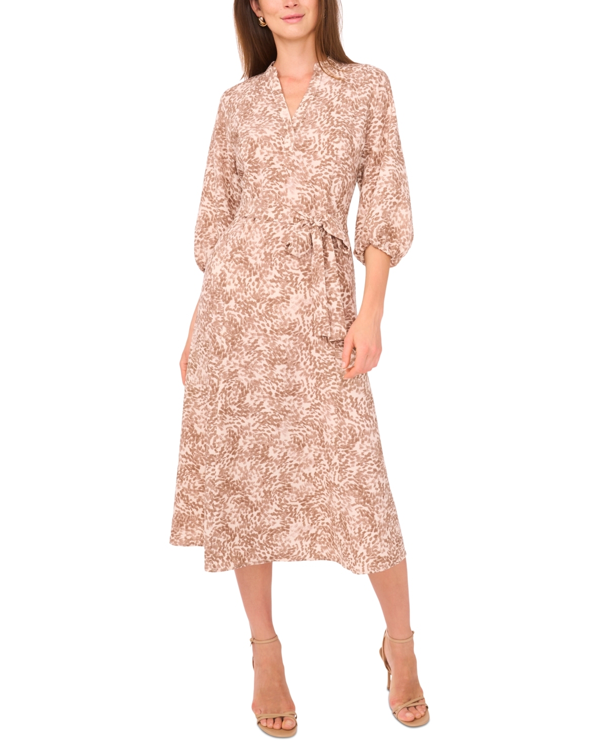 Vince Camuto Women’s Printed Split-Neck Belted Midi Dress – Camel Vince Camuto Women’s Printed Split-Neck Belted Midi Dress – Camel