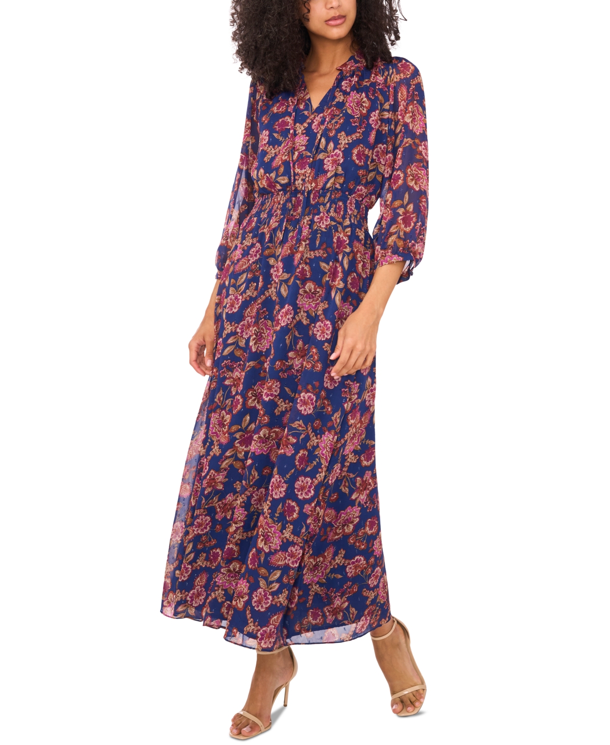 Vince Camuto Women’s Printed Tie-Neck Puff-Sleeve Maxi Dress – Deep Sky