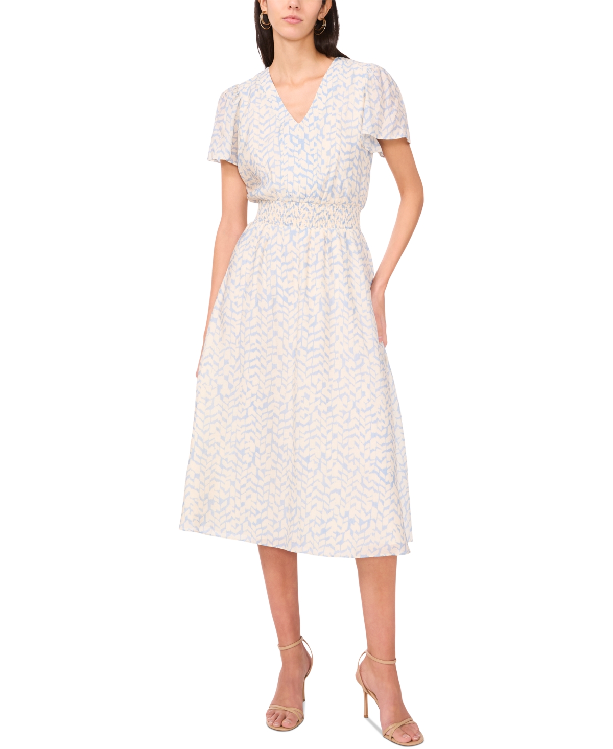 Vince Camuto Women’s Printed V-Neck Smocked-Waist Midi Dress – Kale Breeze Vince Camuto Women’s Printed V-Neck Smocked-Waist Midi Dress – Kale Breeze