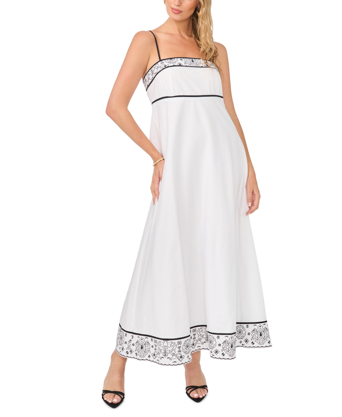 Vince Camuto Women’s Square Neck Spaghetti Strap Midi Dress – Rich Black