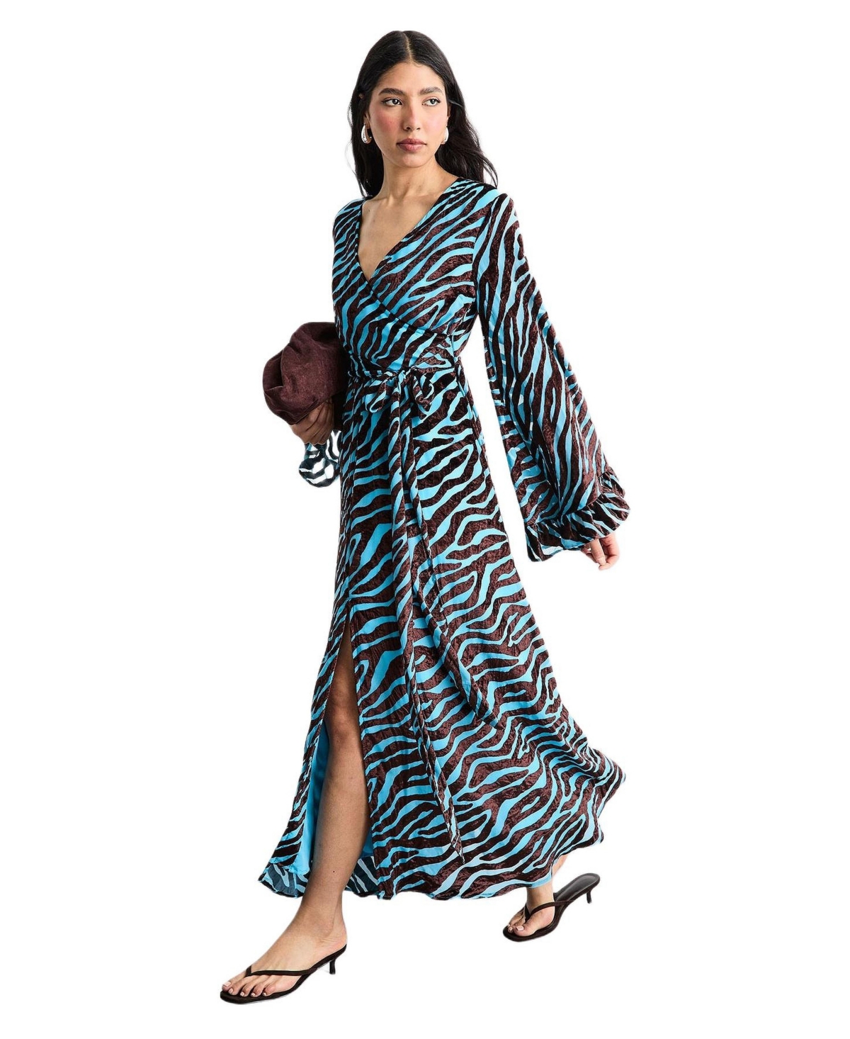 Warehouse Women’s Burnout Velvet Plunge Maxi Dress – Blue