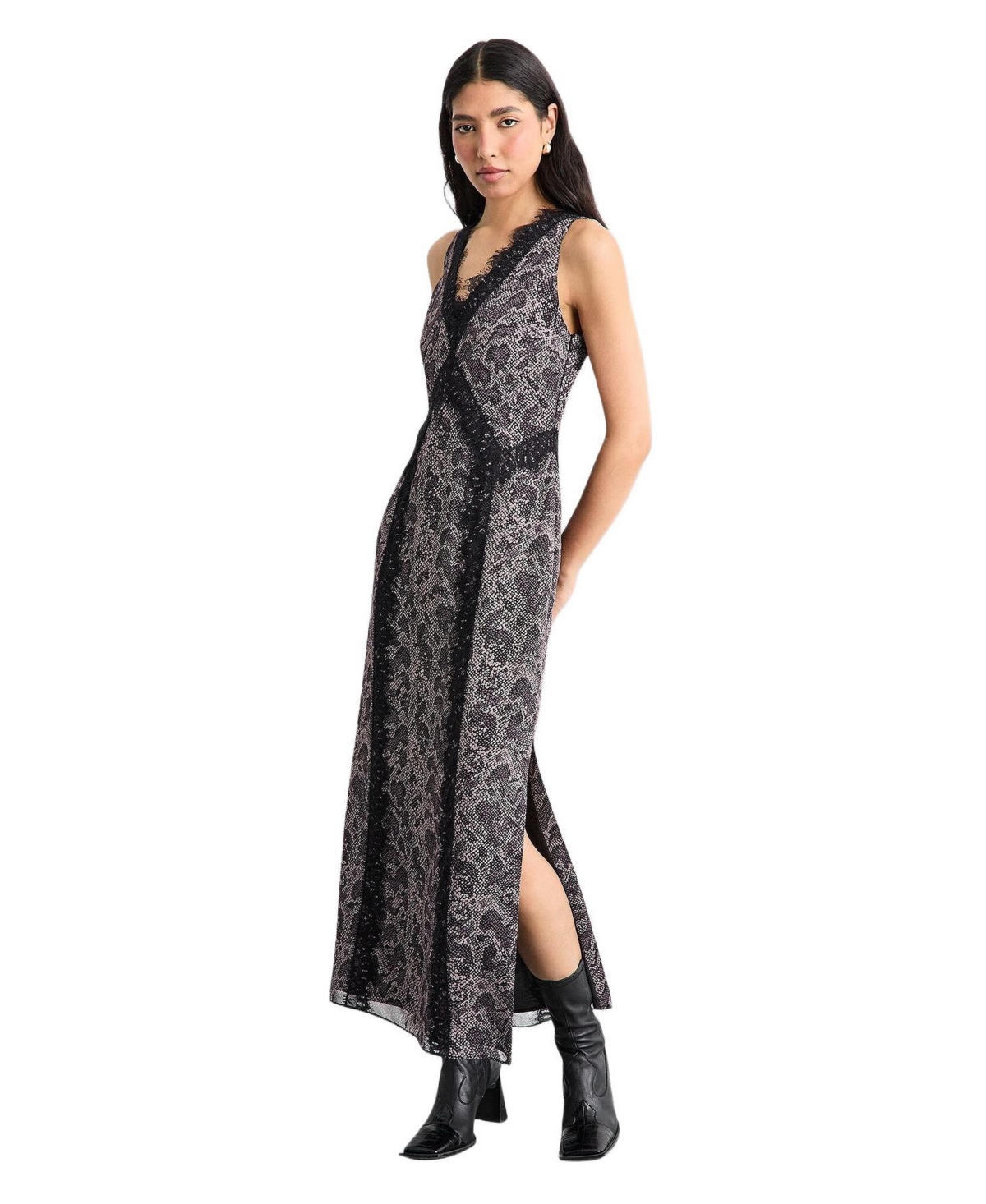 Warehouse Women’s Chiffon Printed Lace Trim Dress – Purple