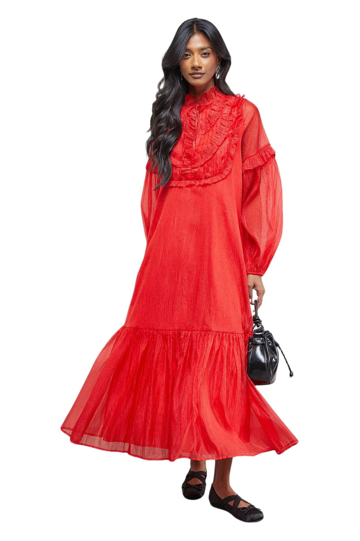 Warehouse Women’s Crinkle Stripe Frill Midi Dress – Red Warehouse Women’s Crinkle Stripe Frill Midi Dress – Red
