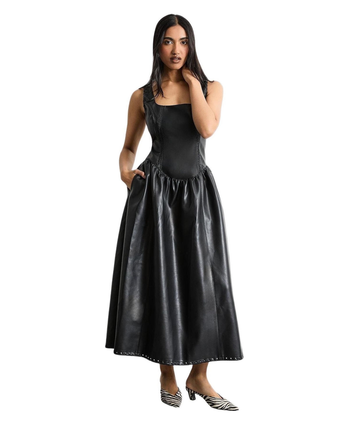 Warehouse Women’s Faux Leather Whipstitch Trim Midi Dress – Black