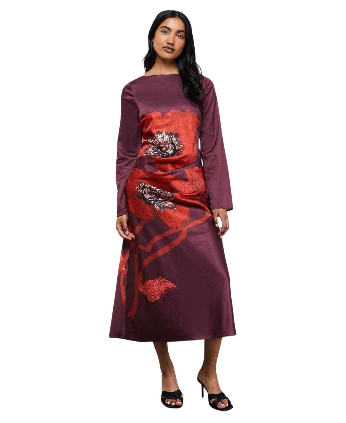 Warehouse Women’s Floral Placement Print Satin Midi Dress – Dark red