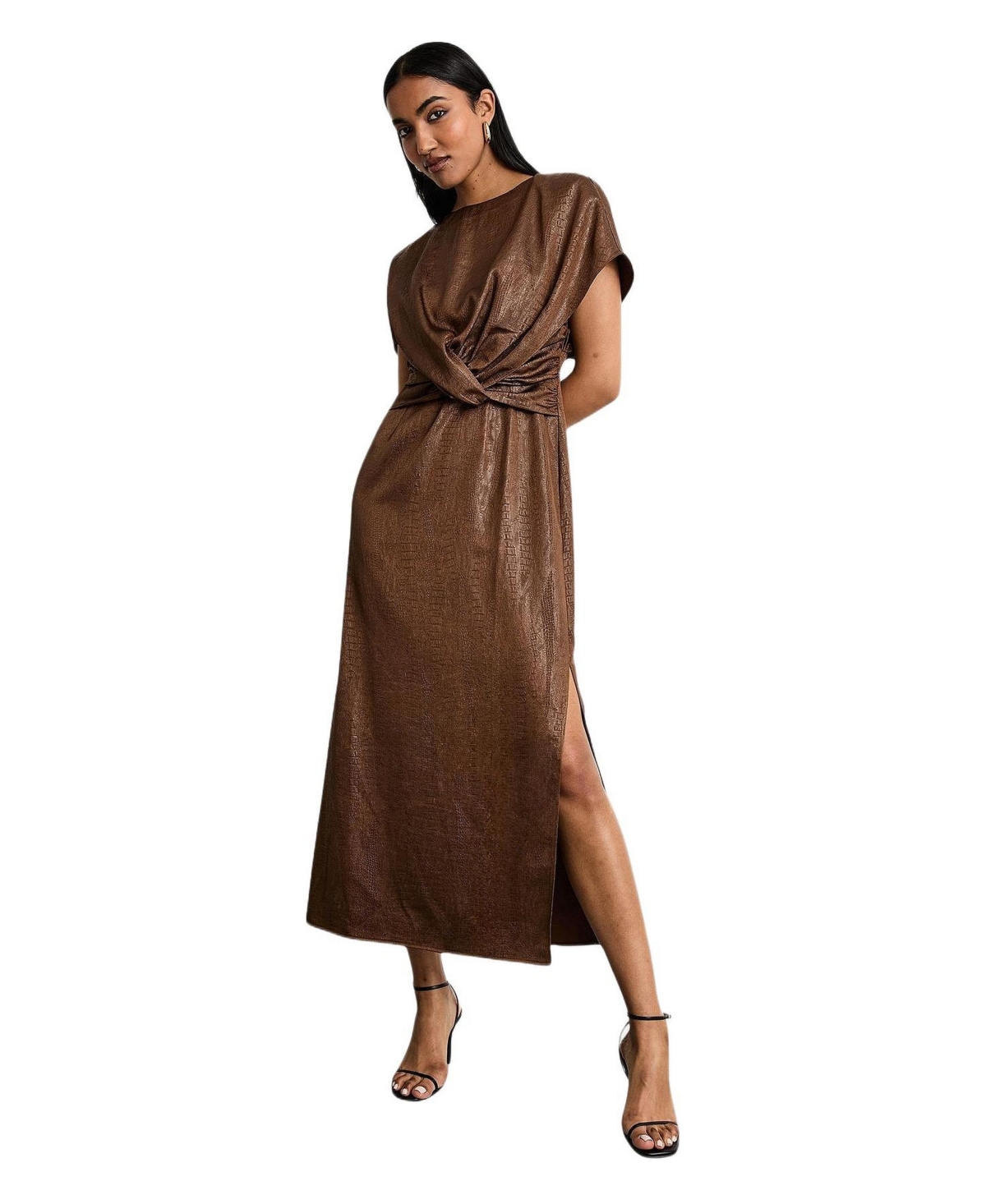 Warehouse Women’s Leather Look Twist Front Midi Dress – Chocolate