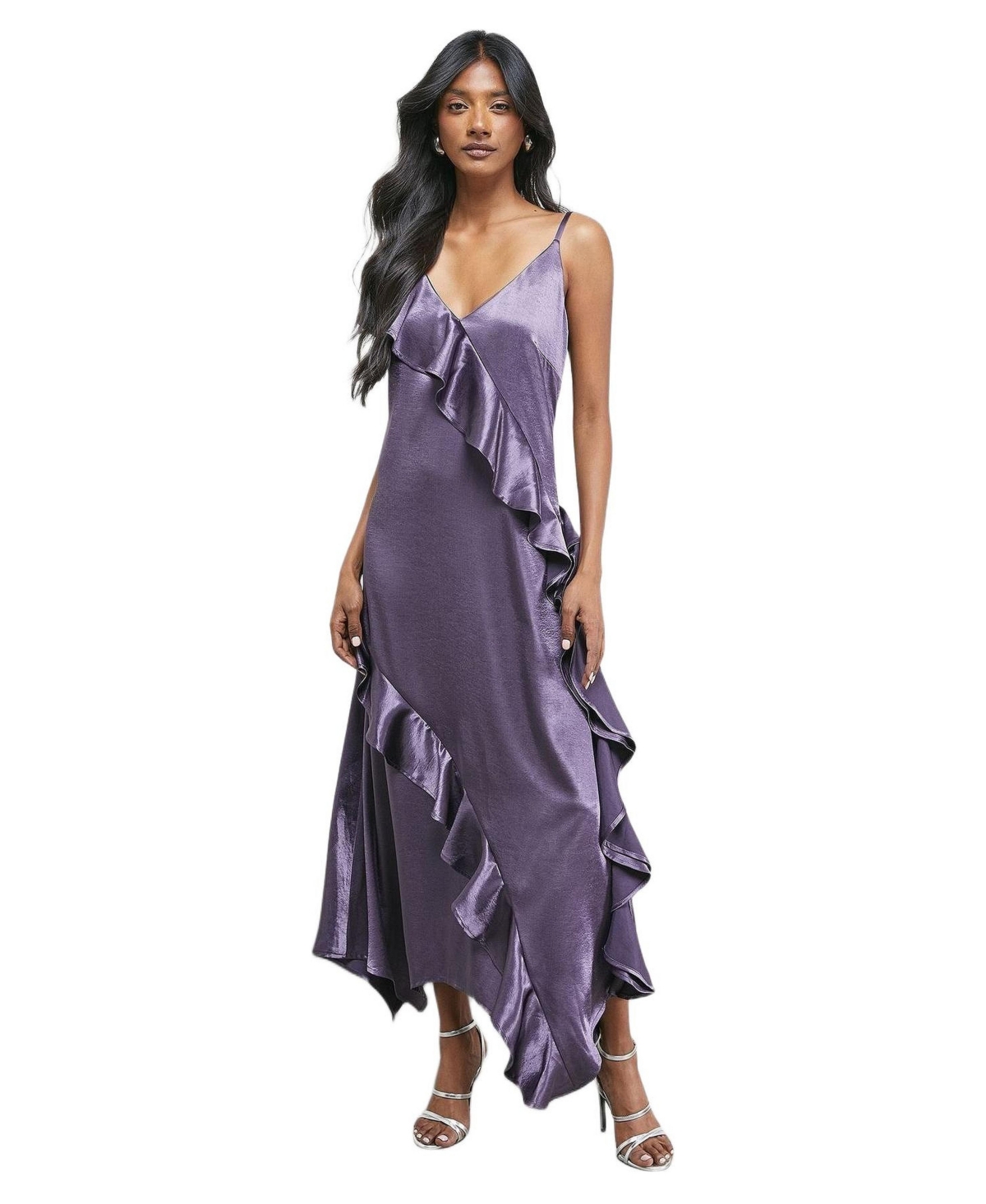 Warehouse Women’s Metallic Satin Ruffle Midi Slip Dress – Mauve Warehouse Women’s Metallic Satin Ruffle Midi Slip Dress – Mauve