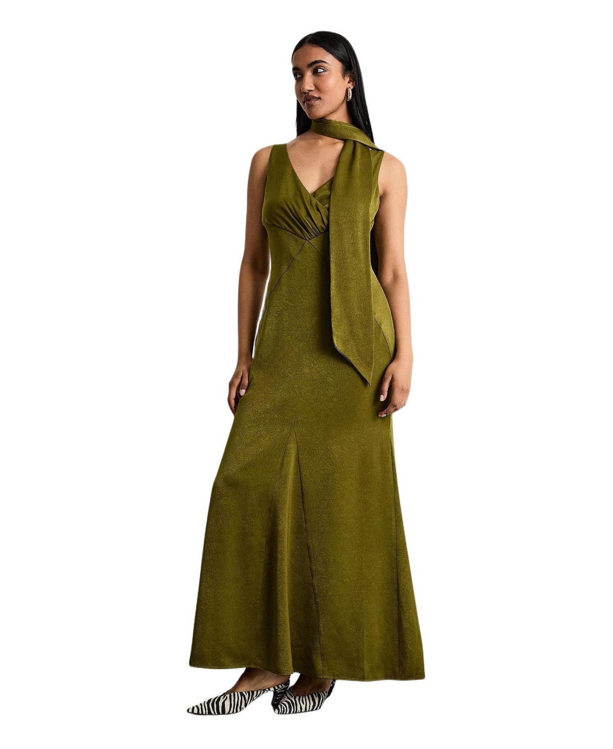 Warehouse Women’s Plain Scarf Detail Tie Neck Maxi Dress – Olive Warehouse Women’s Plain Scarf Detail Tie Neck Maxi Dress – Olive