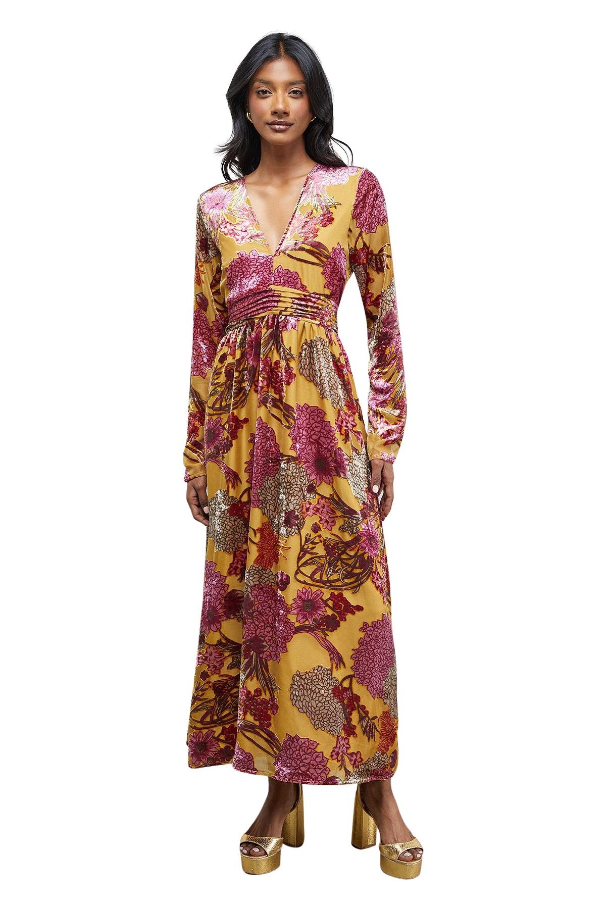 Warehouse Women’s Plunge Neck Waisted Midi Dress – Ochre Warehouse Women’s Plunge Neck Waisted Midi Dress – Ochre