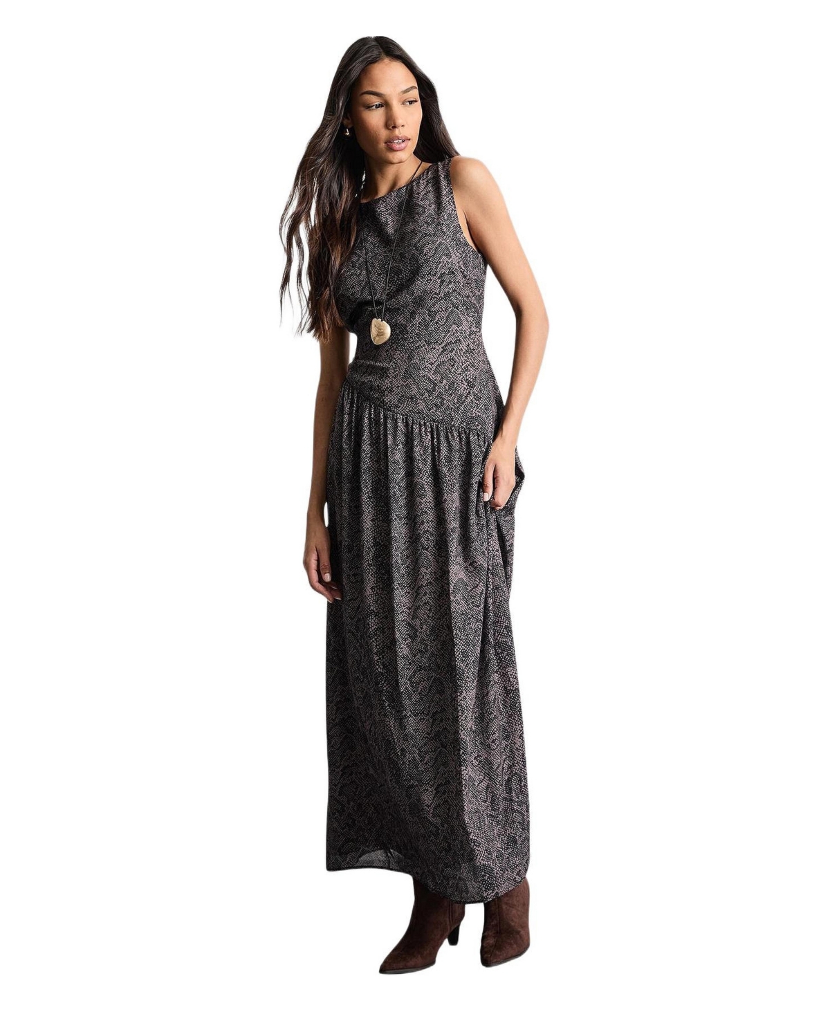 Warehouse Women’s Printed Chiffon Tiered Maxi Dress – Brown