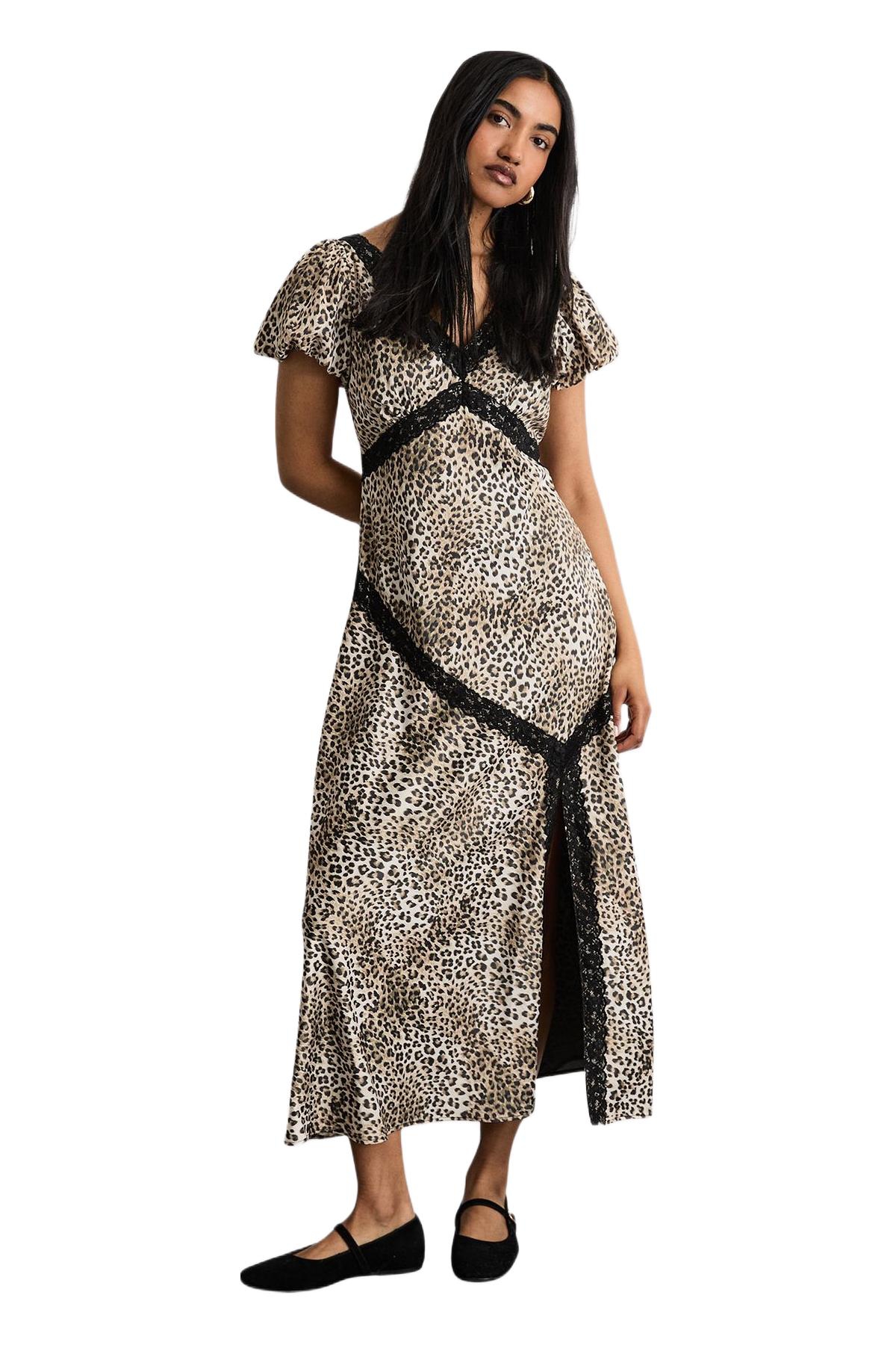 Warehouse Women’s Printed Puff Sleeve Midi Dress – Animal Warehouse Women’s Printed Puff Sleeve Midi Dress – Animal